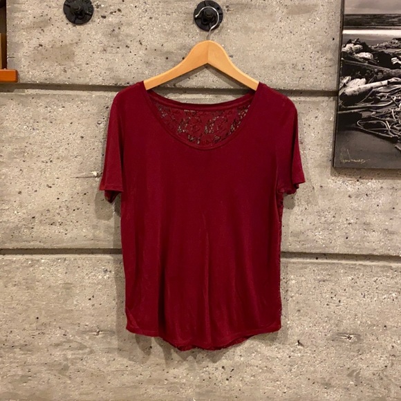 Deep red scoop neck top with sheer lace back - Picture 7 of 12